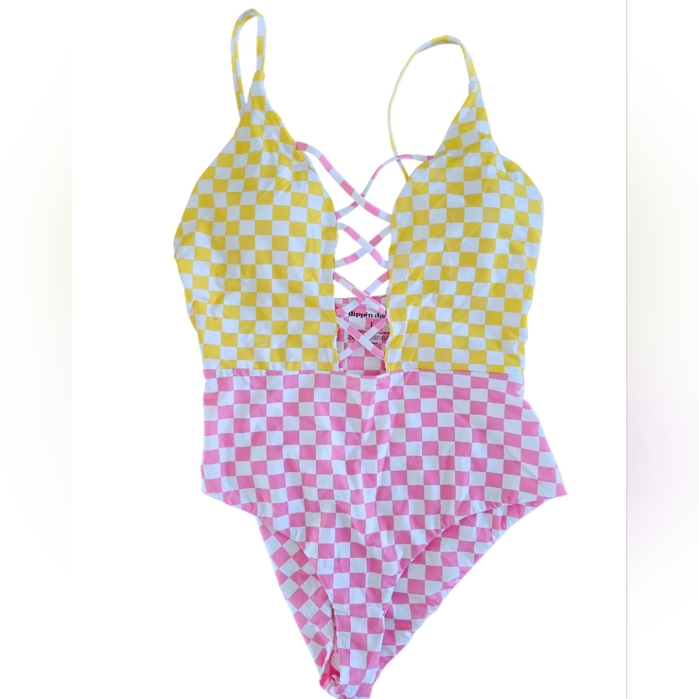 Yellow and Pink Women Large Dippin Daisys Checkered Swimsuit